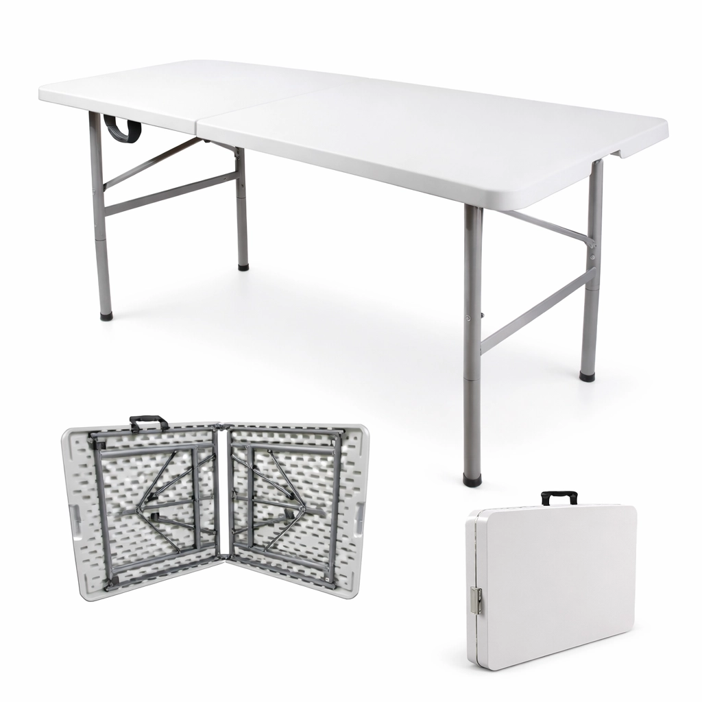 mesa plegable de plástico tipo portafolio con estructura metálica